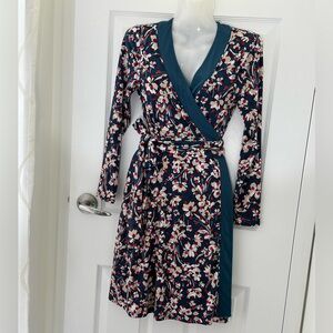 Banana Republic Petite Teal Red Floral Print Plunge V-Neck Wrap Dress XS